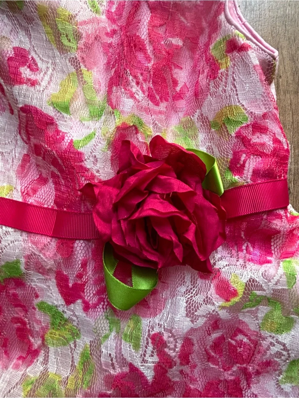 Youngland pink floral dress with red tie, rose and tulle layered skirt Kids 6y